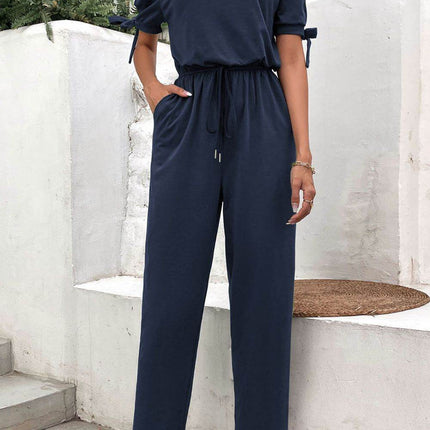 Off-Shoulder Tie Cuff Jumpsuit with Pockets - MimiStylez