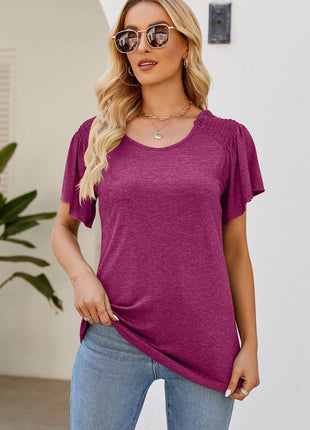 Smocked Round Neck Flutter Sleeve T-Shirt - MimiStylez