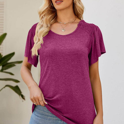 Smocked Round Neck Flutter Sleeve T-Shirt - MimiStylez