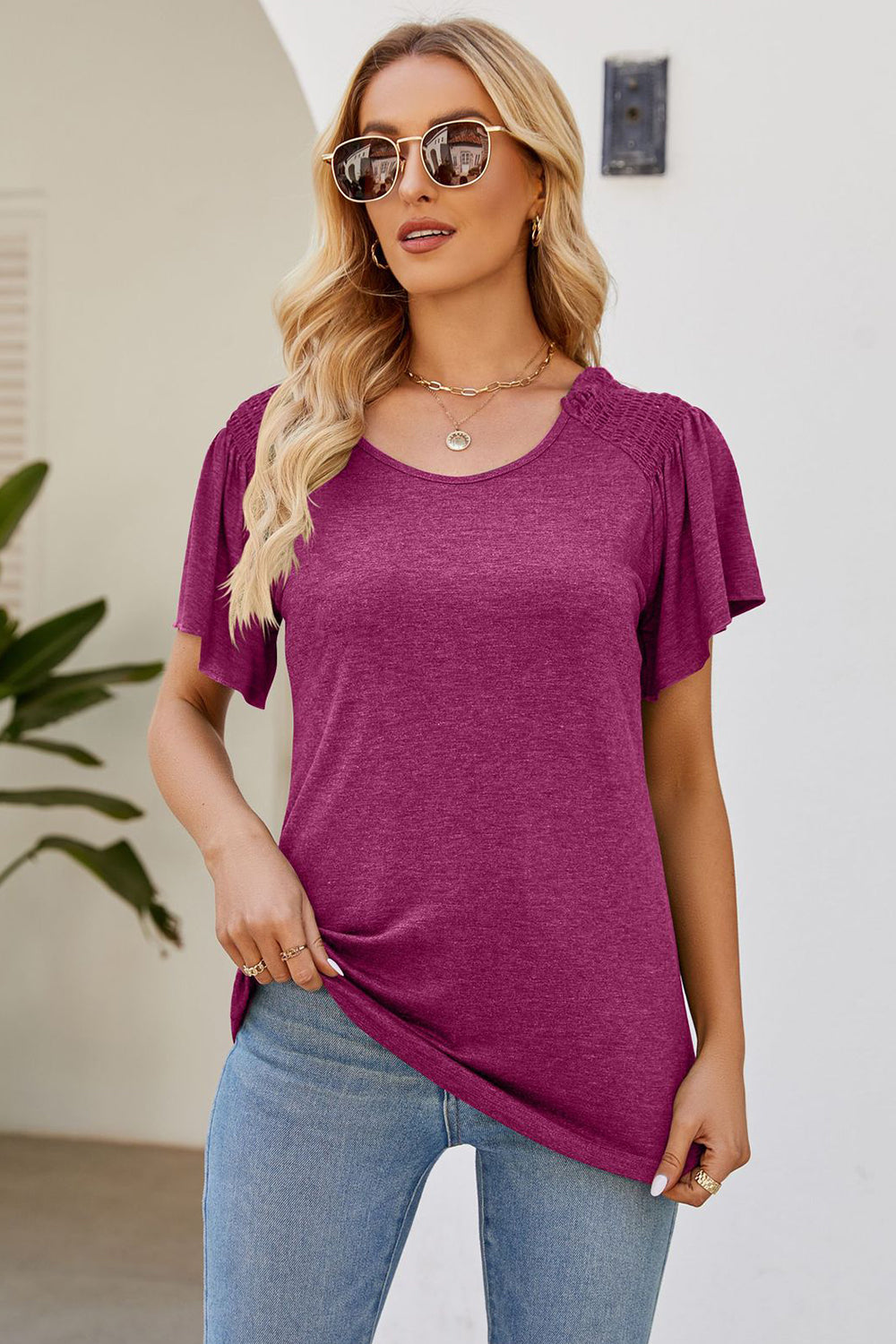 Smocked Round Neck Flutter Sleeve T-Shirt