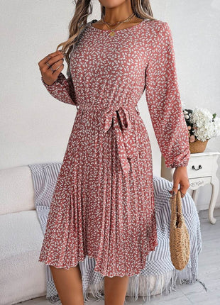 Ditsy Floral Tie Waist Pleated Dress - MimiStylez