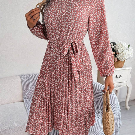 Ditsy Floral Tie Waist Pleated Dress - MimiStylez