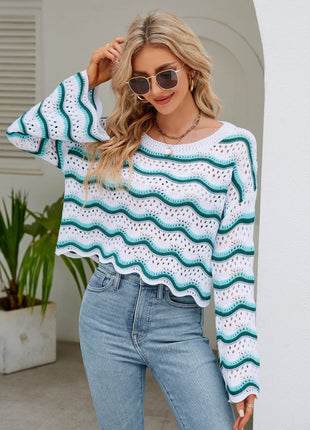 Round Neck Openwork Flare Sleeve Knit Top - MimiStylez
