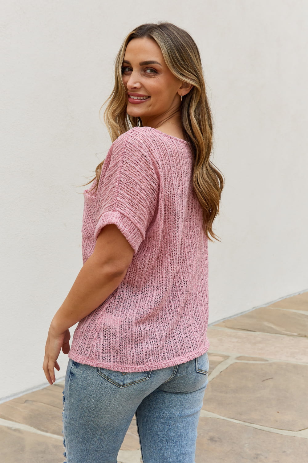 Full Size Chunky Knit Short Sleeve Top in Mauve