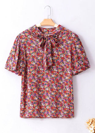 Printed Mock Neck Short Sleeve Blouse - MimiStylez