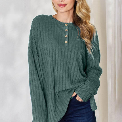 Basic Bae Full Size Ribbed Half Button Long Sleeve High-Low T-Shirt - MimiStylez
