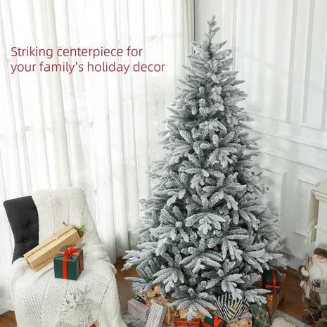 7FT Flocked Christmas Tree With 1401 Tips, Foldable Metal Stand, Easy Assembly, Hinged Tree
