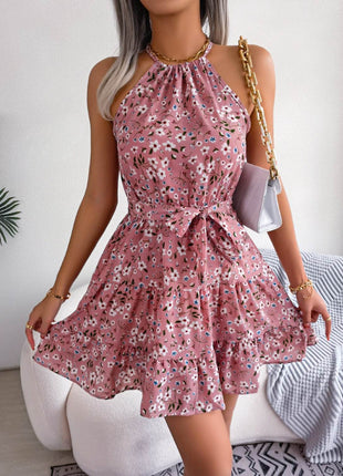 Tied Printed Grecian Neck Mini Dress - MimiStylez