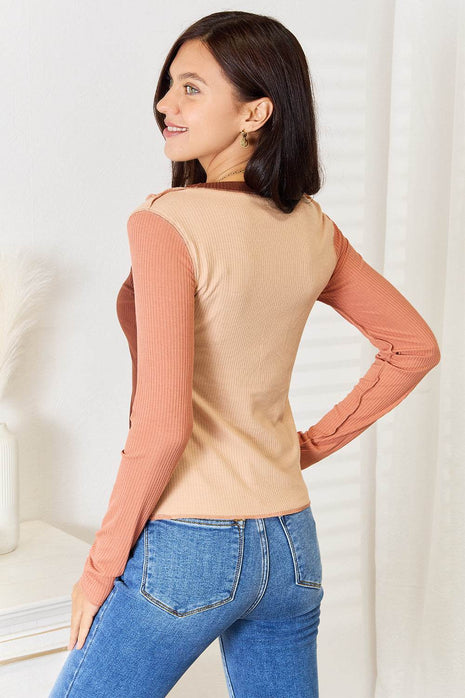 Double Take Color Block Exposed Seam Long Sleeve Top - MimiStylez