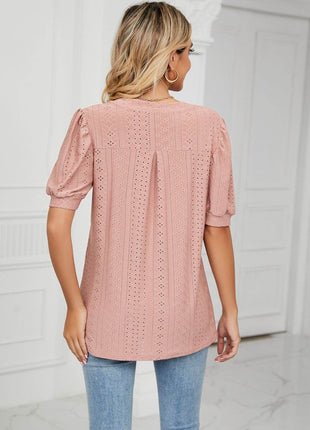 Eyelet Short Puff Sleeve Notched Neck Top - MimiStylez