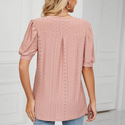 Eyelet Short Puff Sleeve Notched Neck Top - MimiStylez