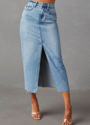 Slit Raw Hem Midi Denim Skirt - MimiStylez