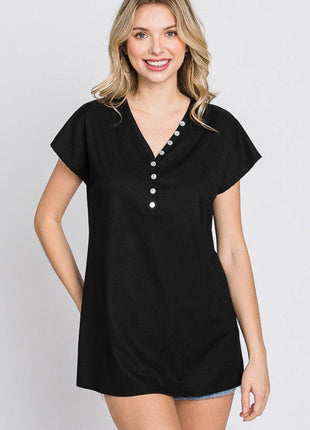 Heimish Full Size Front Button V-Neck Short Sleeve T-Shirt - MimiStylez