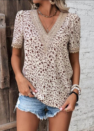 Full Size Printed V-Neck Short Sleeve Blouse - MimiStylez