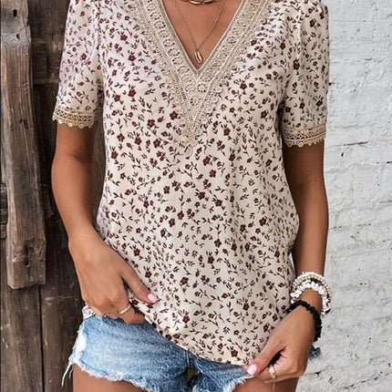 Full Size Printed V-Neck Short Sleeve Blouse - MimiStylez