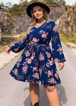 Plus Size V-Neck Long Sleeve Dress - MimiStylez