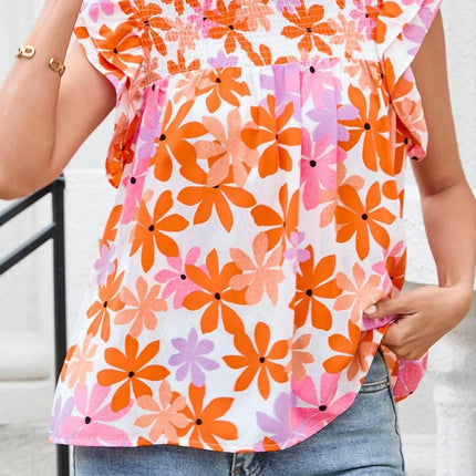 Printed Round Neck Cap Sleeve Blouse - MimiStylez