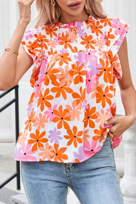 Printed Round Neck Cap Sleeve Blouse - MimiStylez