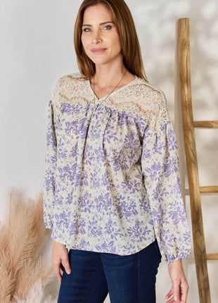 Hailey & Co Full Size Lace Detail Printed Blouse - MimiStylez