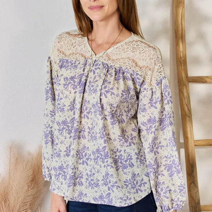 Hailey & Co Full Size Lace Detail Printed Blouse - MimiStylez
