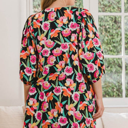 ODDI Full Size Floral Puff Sleeve Mini Dress - MimiStylez