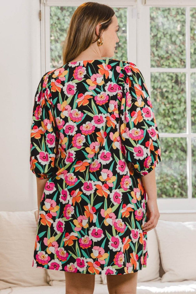 ODDI Full Size Floral Puff Sleeve Mini Dress - MimiStylez