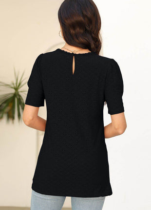 Eyelet Round Neck Short Sleeve T-Shirt - MimiStylez