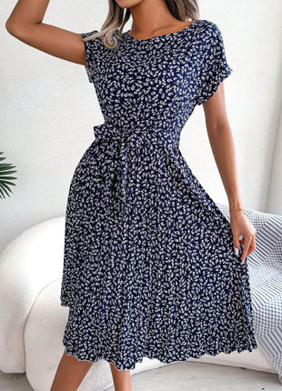 Ditsy Floral Pleated Belted Dress - MimiStylez