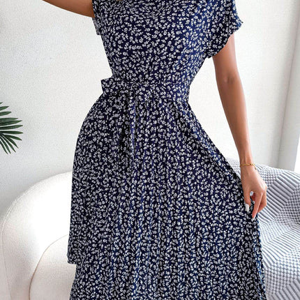 Ditsy Floral Pleated Belted Dress - MimiStylez