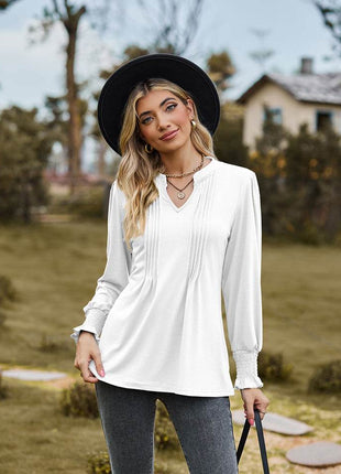 Notched Neck Flounce Sleeve Blouse - MimiStylez