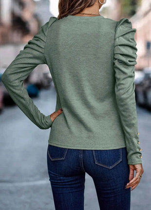 Decorative Button Puff Sleeve T-Shirt - MimiStylez