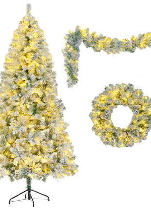 6FT Flocked Pre Lit Christmas Tree - With Tree & Garland & Wreath. - Colored 8 Mode LED Lights and Pine Cones