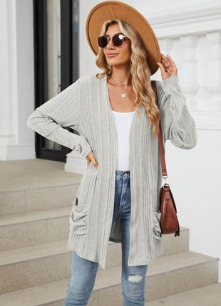 Pocketed Open Front Long Sleeve Cardigan - MimiStylez