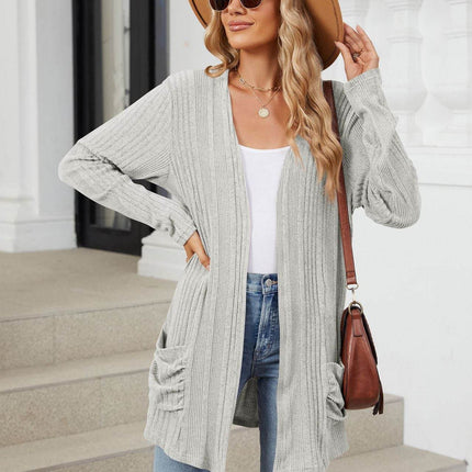 Pocketed Open Front Long Sleeve Cardigan - MimiStylez