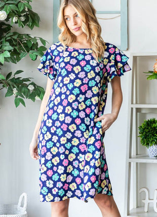 Heimish Full Size Floral Ruffled Short Sleeve Dress with Pockets - MimiStylez