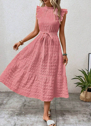 Tied Ruffled Cap Sleeve Midi Dress - MimiStylez