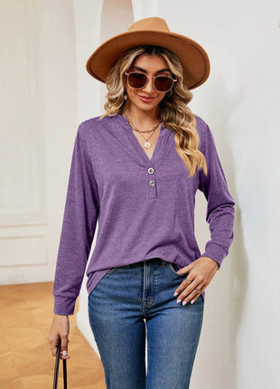 Buttoned Notched Neck Long Sleeve Top - MimiStylez