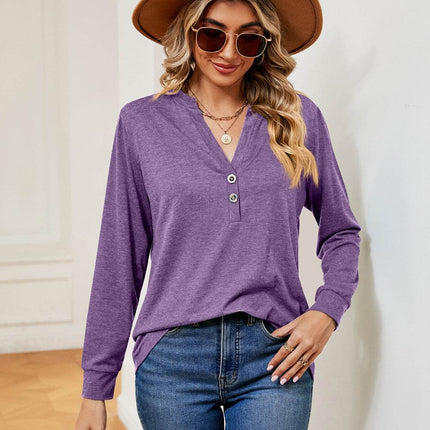 Buttoned Notched Neck Long Sleeve Top - MimiStylez
