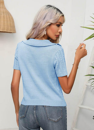 Cable-Knit Johnny Collar Short Sleeve Knit Top - MimiStylez