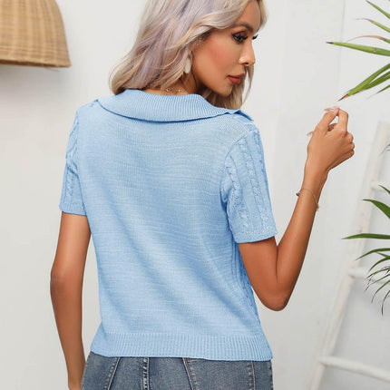 Cable-Knit Johnny Collar Short Sleeve Knit Top - MimiStylez