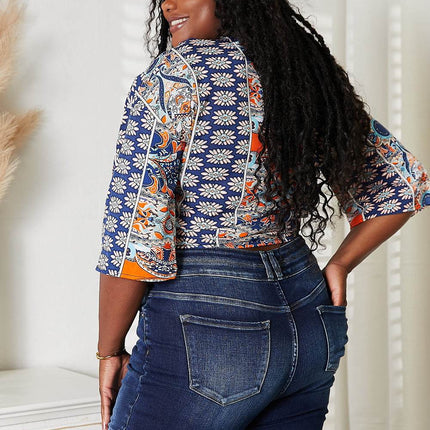 Tie Hem V-Neck Three-Quarter Sleeve Blouse - MimiStylez