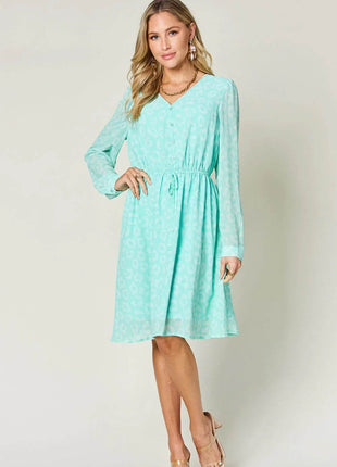Double Take Full Size Printed Ruched V-Neck Long Sleeve Dress - MimiStylez