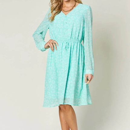 Double Take Full Size Printed Ruched V-Neck Long Sleeve Dress - MimiStylez