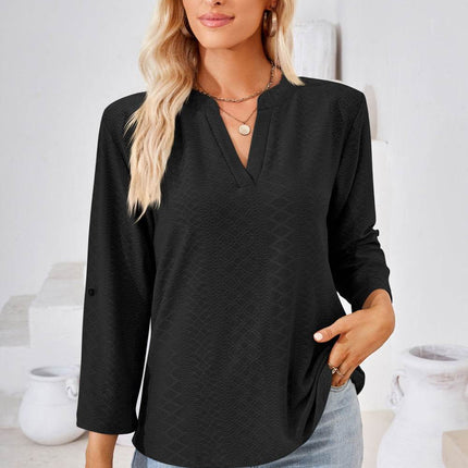 V-Neck Roll-Tap Sleeve Blouse - MimiStylez