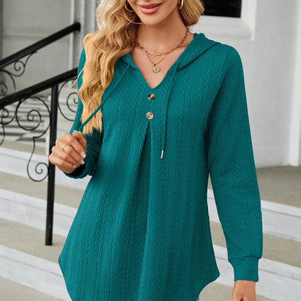 Decorative Button Drawstring Long Sleeve Hoodie - MimiStylez