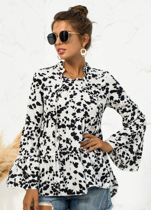 Printed Flare Sleeve Tie Neck Ruffle Trim Blouse - MimiStylez