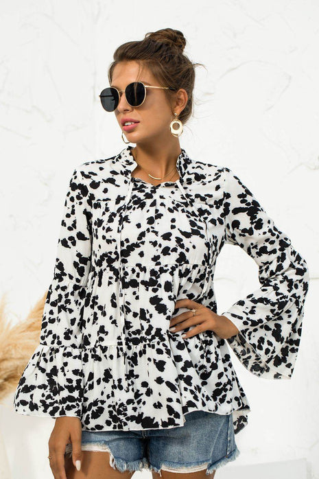 Printed Flare Sleeve Tie Neck Ruffle Trim Blouse - MimiStylez