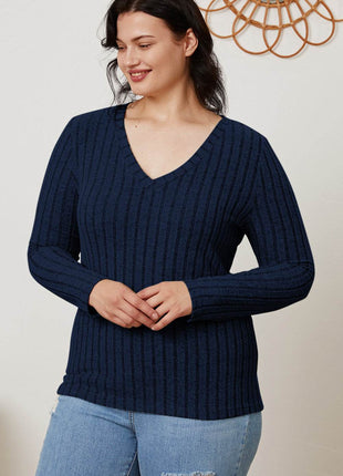 Basic Bae Full Size Ribbed V-Neck Long Sleeve T-Shirt - MimiStylez