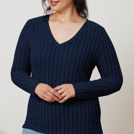 Basic Bae Full Size Ribbed V-Neck Long Sleeve T-Shirt - MimiStylez