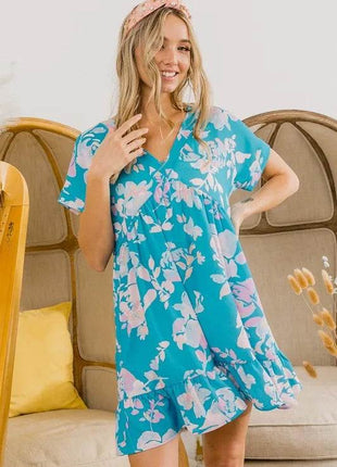 BiBi Floral Crinkle Shirred Ruffle Detail V Neck Dress - MimiStylez